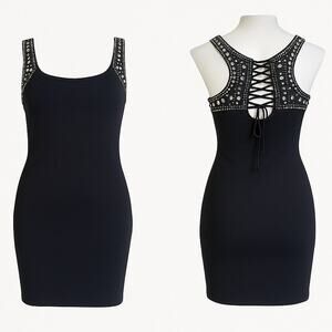 Vintage Rampage Black Studded Mini Dress Size Small Lace Up Back HoCo Dance